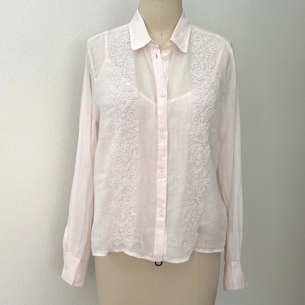 J Crew Collection Beaded Button-Up Shirt NWT Pastel Pink Ramie Luxury 10